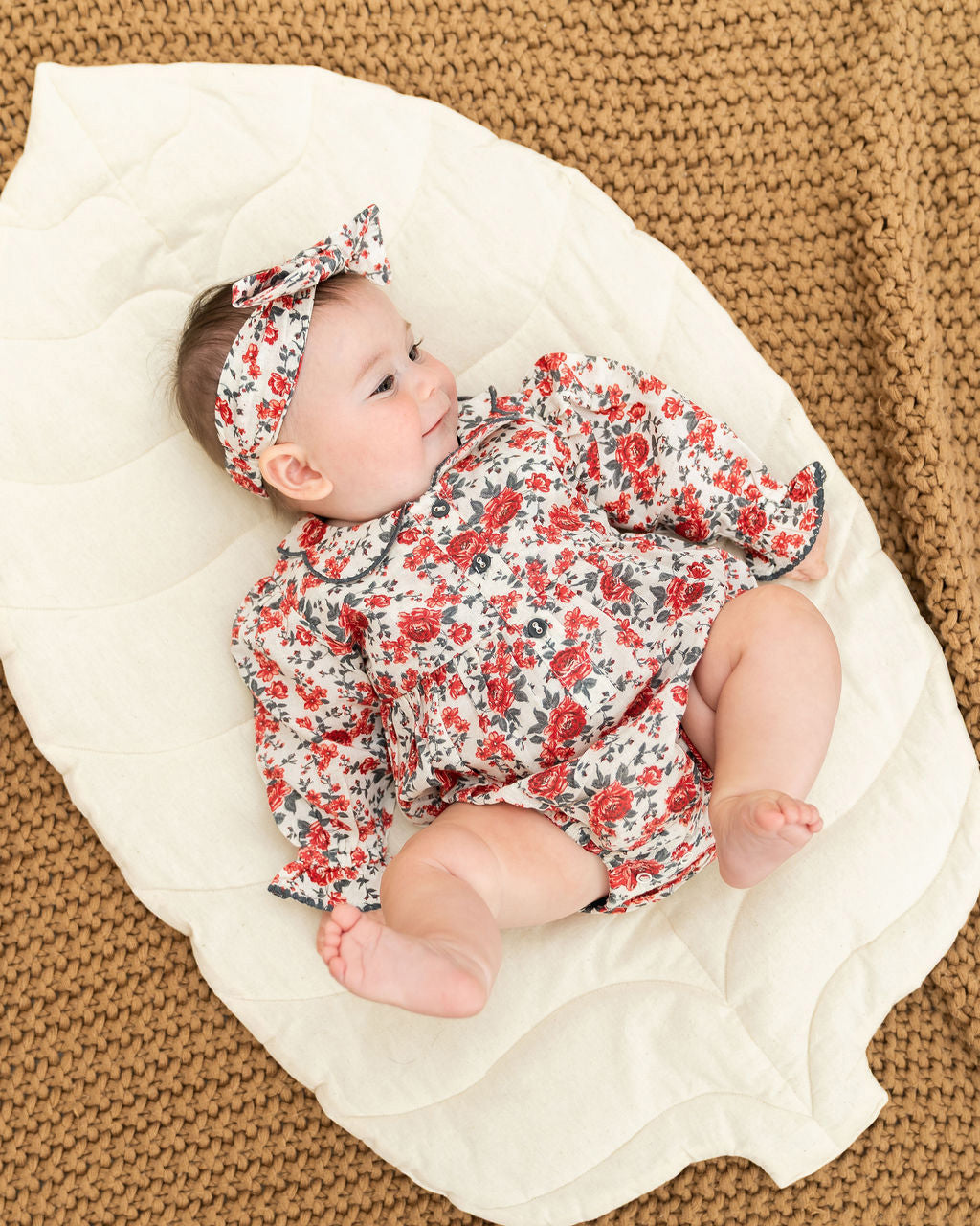 Rosabelle Rose Floral Baby Romper & Headband Set (Linen Blend)