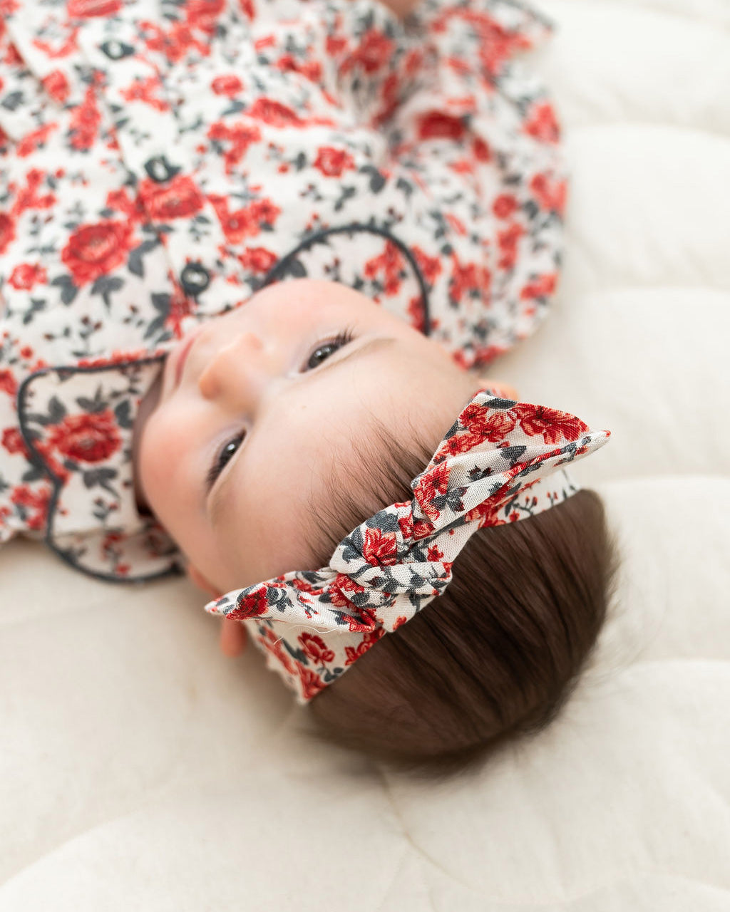 Rosabelle Rose Floral Baby Romper & Headband Set (Linen Blend)