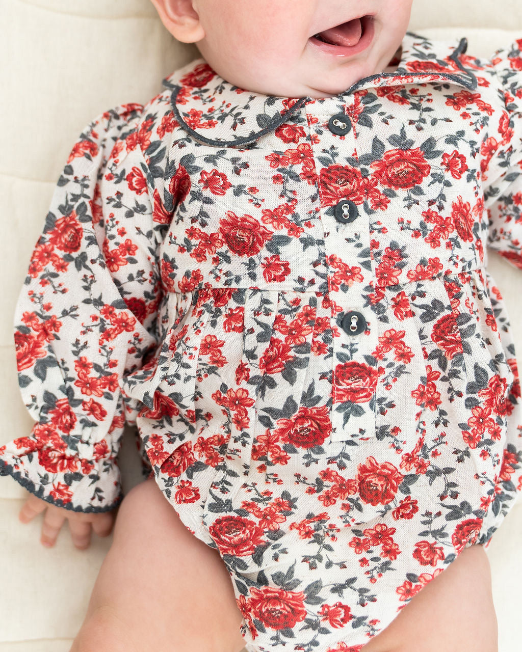 Rosabelle Rose Floral Baby Romper & Headband Set (Linen Blend)