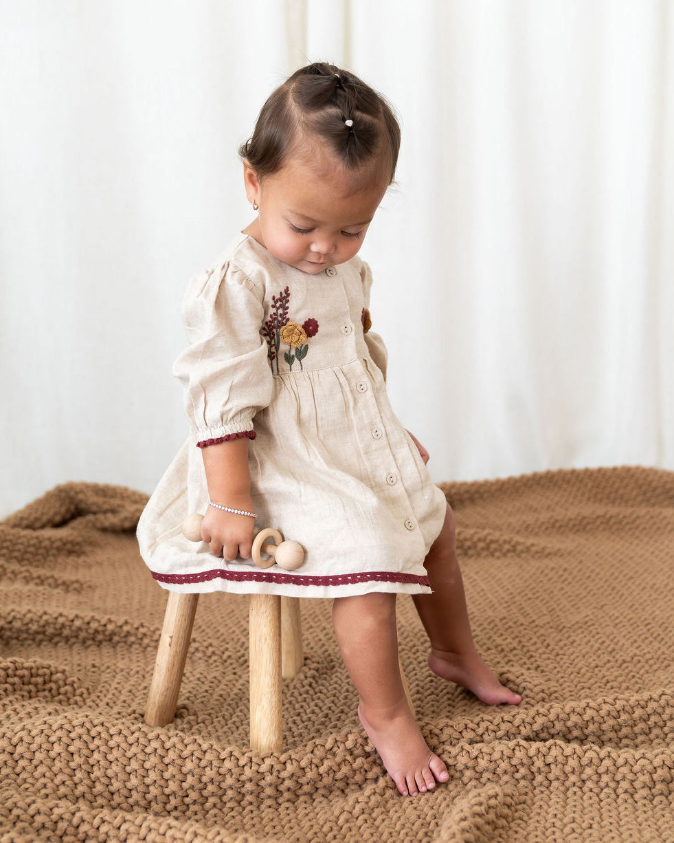 Ravello Linen Embroidered Baby Dress & Bloomer Set (Linen Blend)
