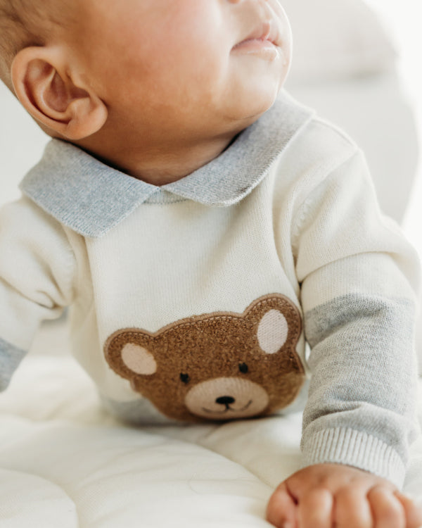 Cuddly Bear Applique Sweater Knit Collar Baby Pullover (Organic Cotton)