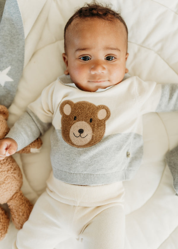 Cuddly Bear Applique Sweater Knit Collar Baby Pullover (Organic Cotton)
