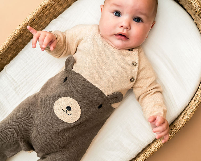 Cuddly Bear Embroidered Sweater Knit Baby Jumpsuit (Organic Cotton)