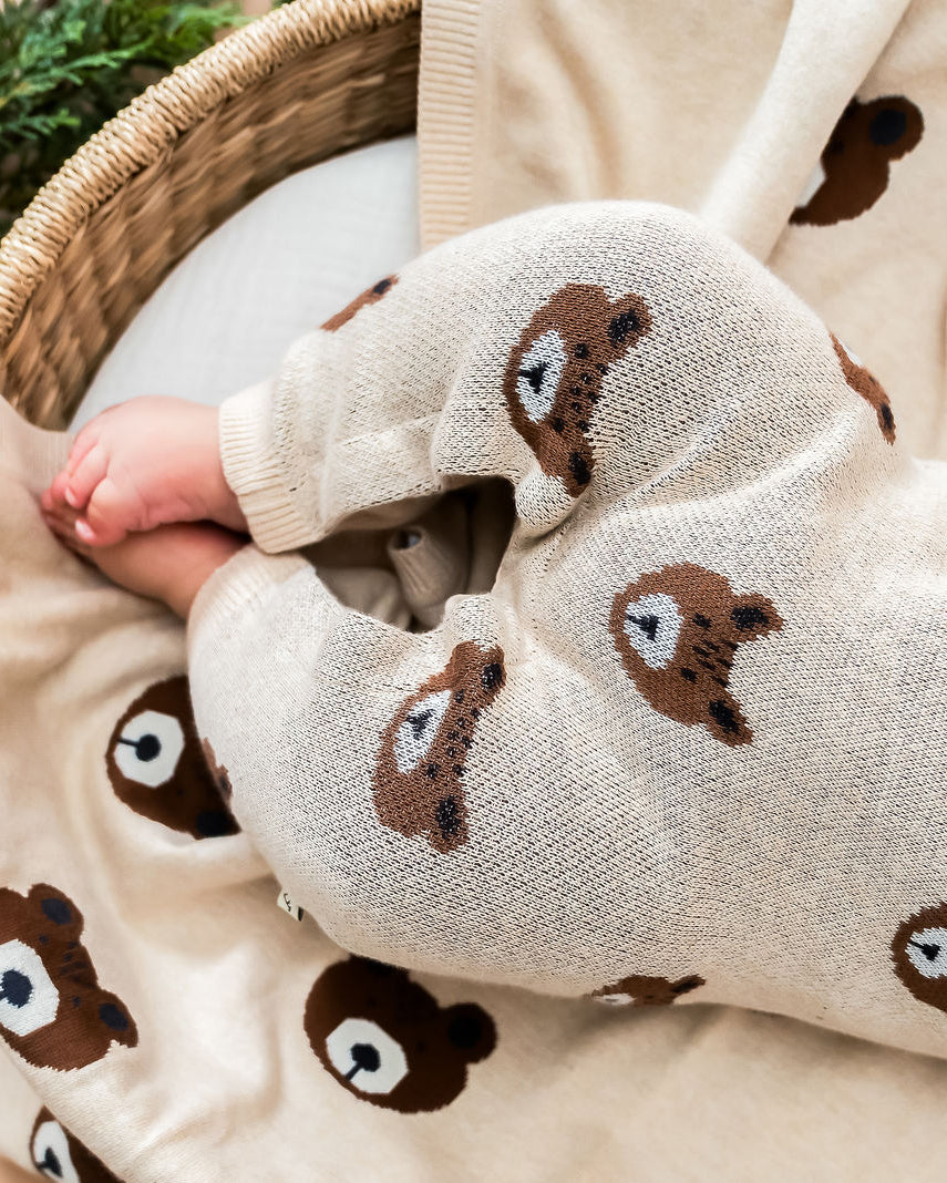 Brown Bear Jacquard Sweater Knit Baby Jumpsuit (Organic Cotton)