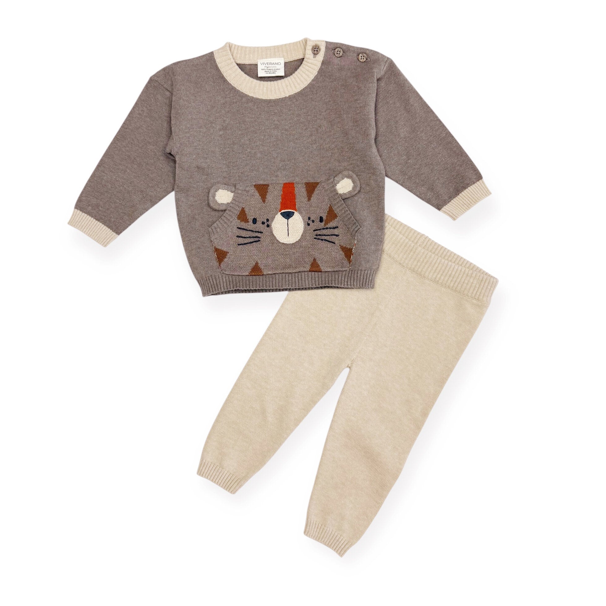 Tiger Kangaroo Pocket Baby Knit Pullover & Pant Set (Organic Cotton)