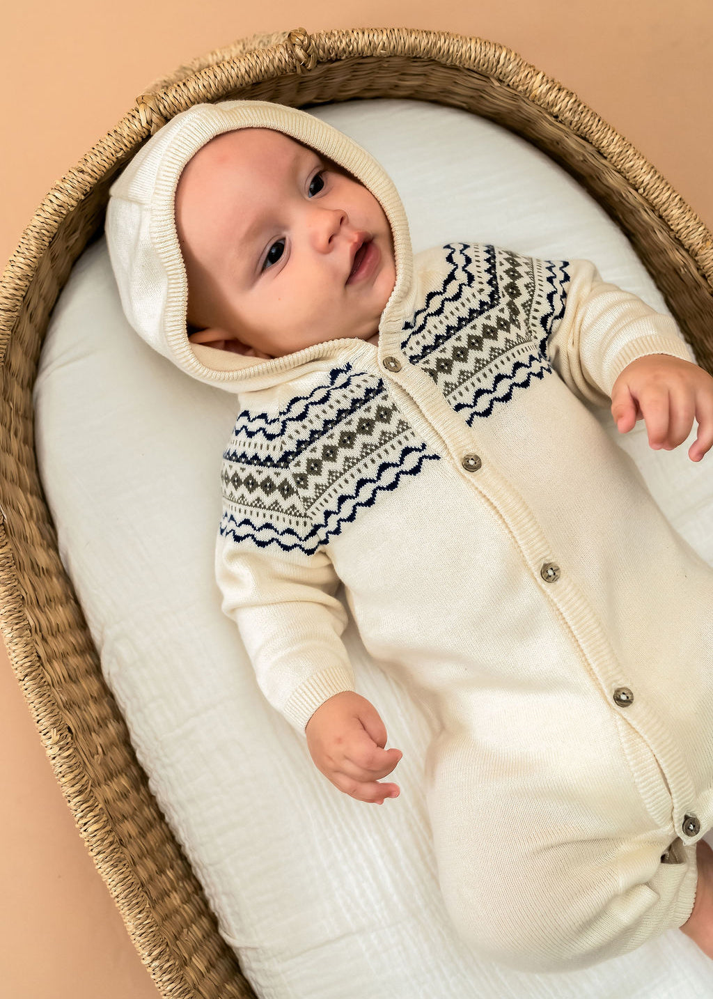 Fair Isle Jacquard Sweater Knit Baby Hooded Jumpsuit (Organic Cotton)