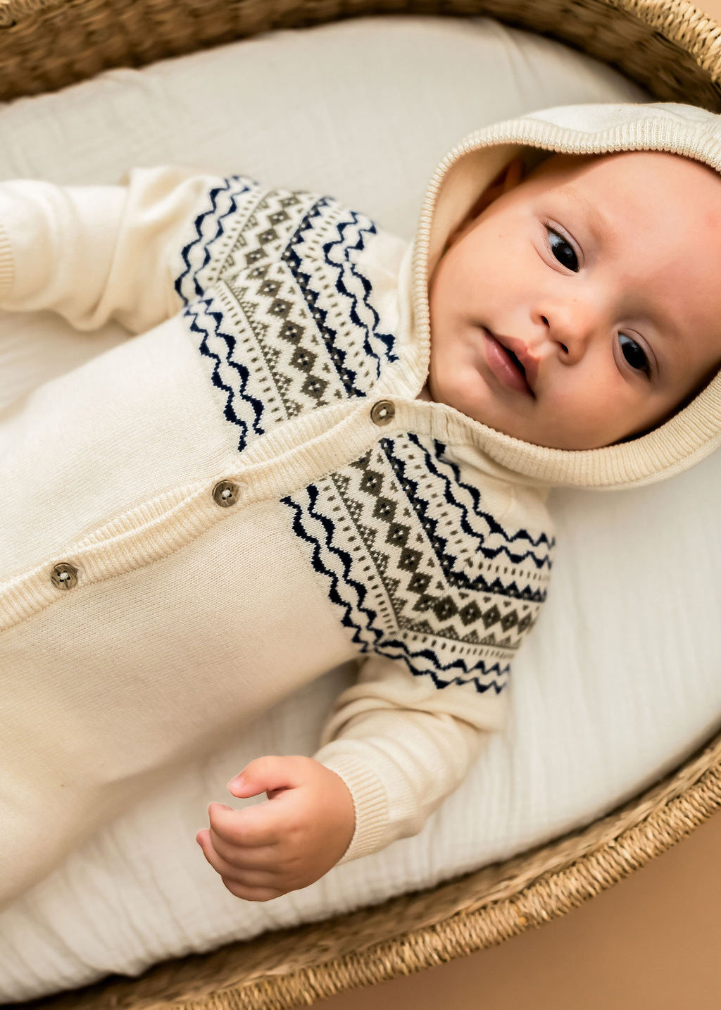 Fair Isle Jacquard Sweater Knit Baby Hooded Jumpsuit (Organic Cotton)