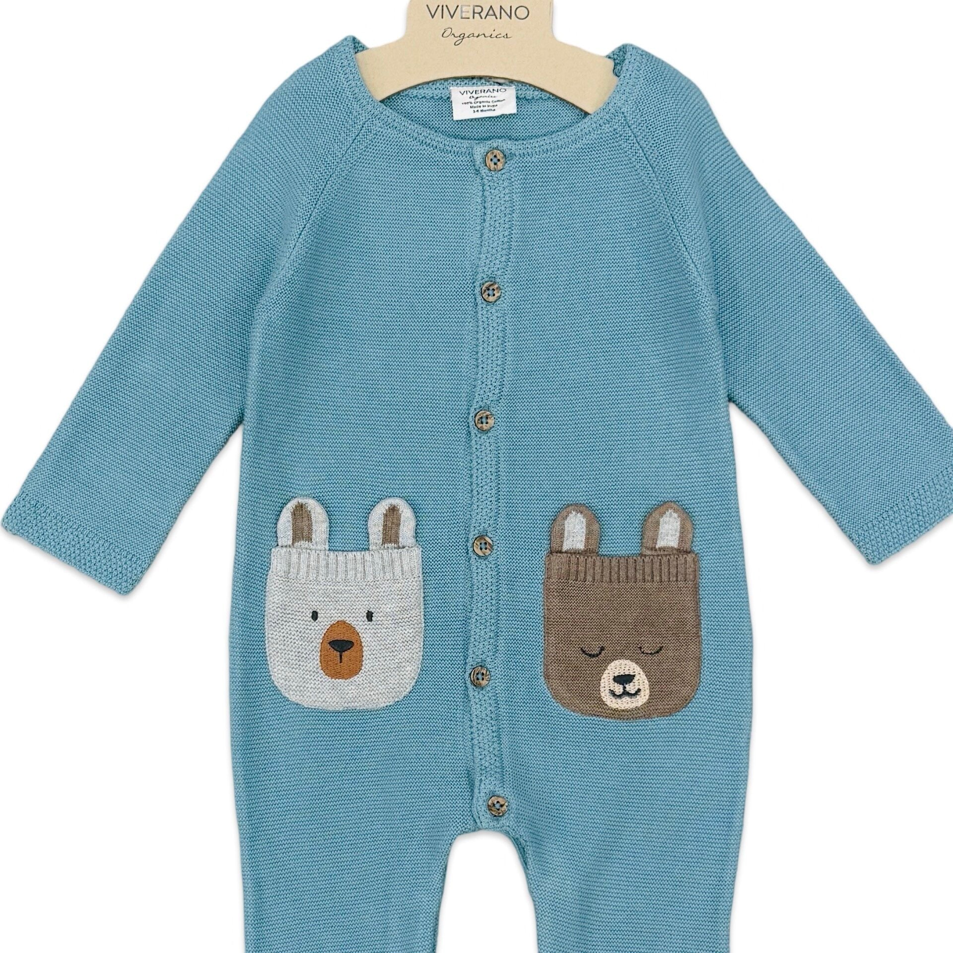 Bear Embroidered Pocket Sweater Knit Baby Jumpsuit (Organic Cotton)