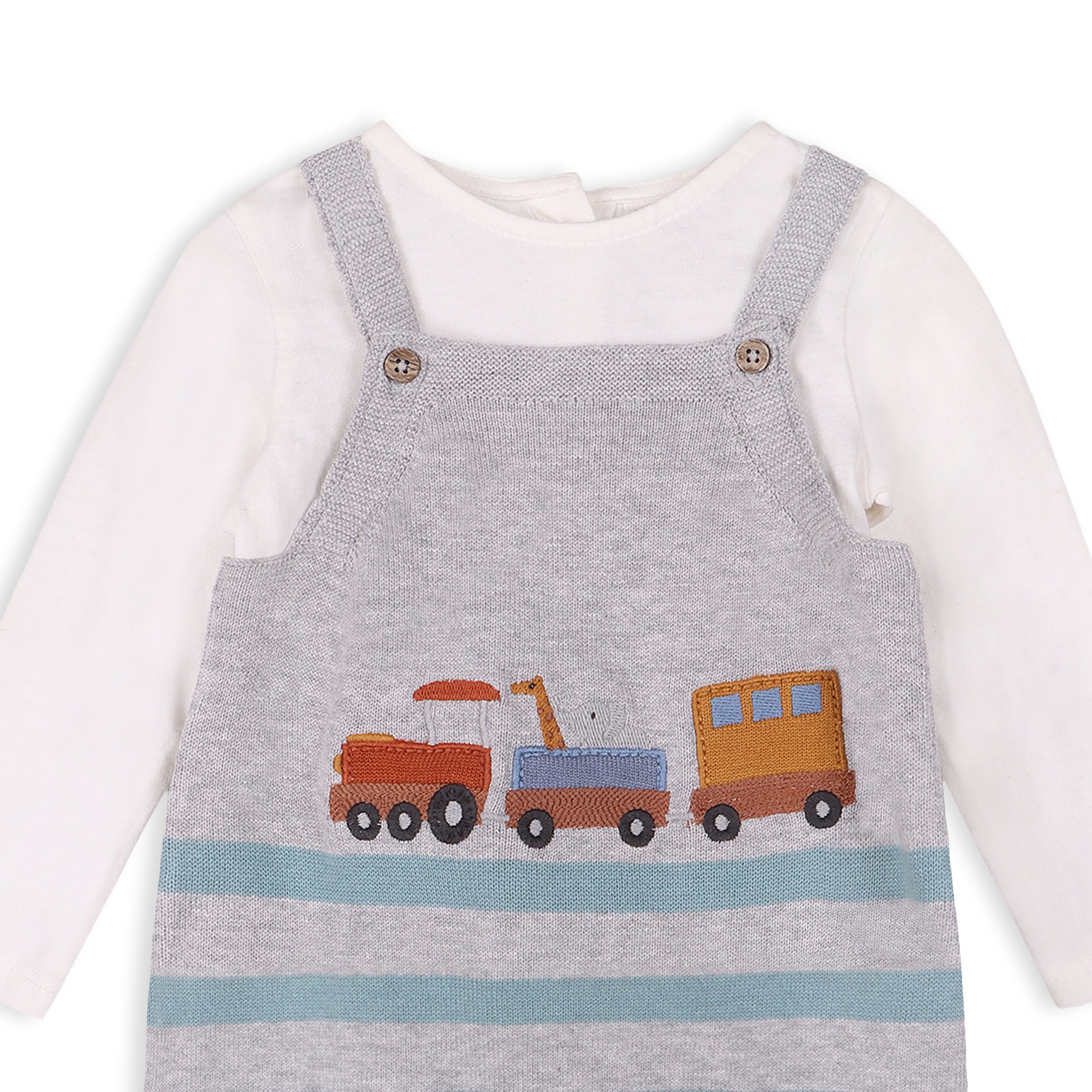 Train Applique & Stripe Baby Overall & Bodysuit Set (Organic Cotton)