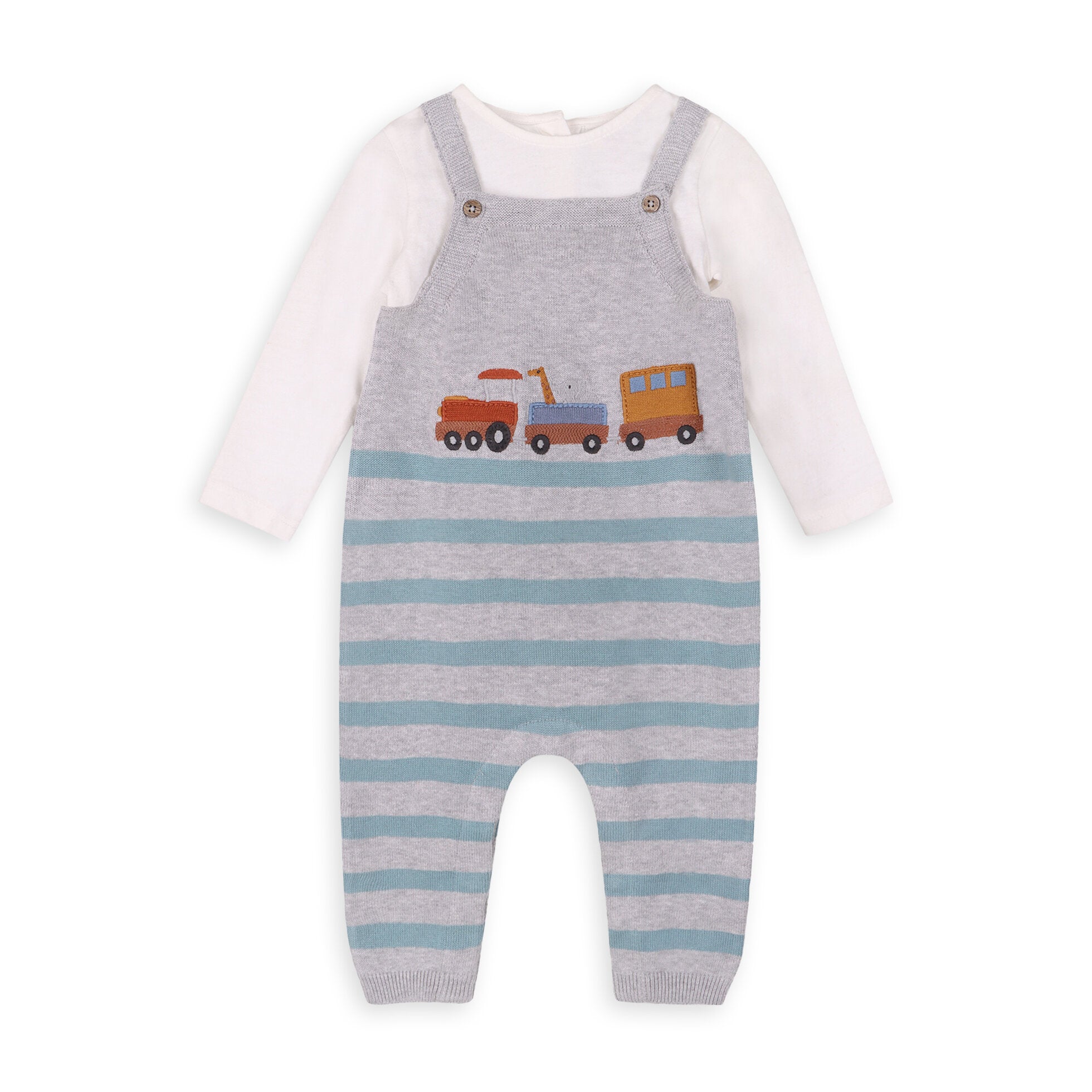 Train Applique & Stripe Baby Overall & Bodysuit Set (Organic Cotton)