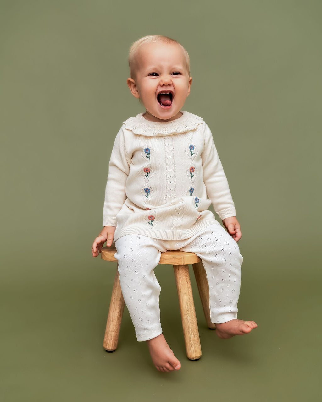 Emma Floral Embroidered Knit Baby Ruffle Dress (Organic Cotton)