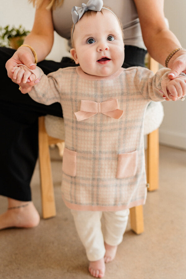Sophie Bow Checkered Sweater Knit Baby Dress (Organic Cotton)