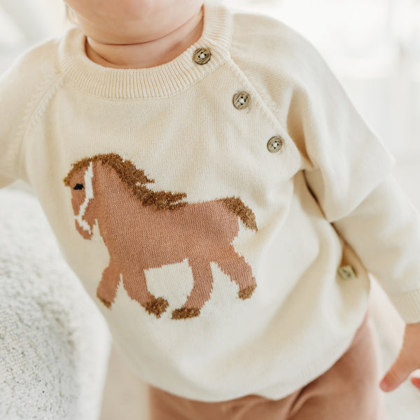 Horse Jacquard Sweater Knit Baby Pullover (Organic Cotton)