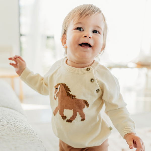 Horse Jacquard Sweater Knit Baby Pullover (Organic Cotton)