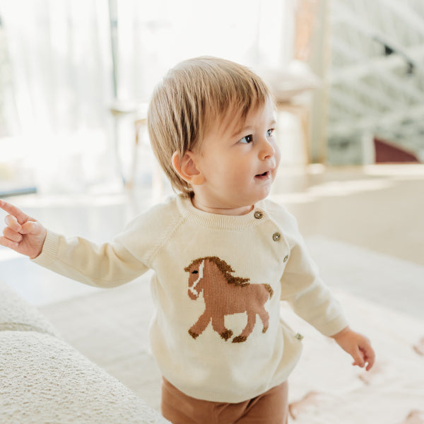 Horse Jacquard Sweater Knit Baby Pullover (Organic Cotton)