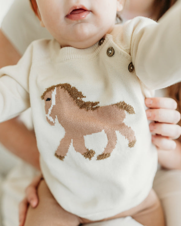 Horse Jacquard Sweater Knit Baby Pullover (Organic Cotton)