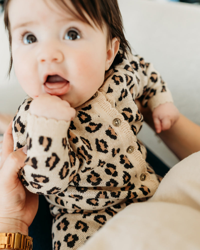Leopard Jacquard Sweater Knit Baby Cardigan (Organic Cotton)
