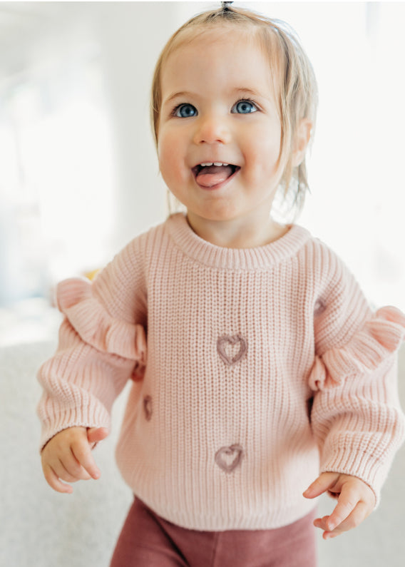 Hearts Embroidered Slouchy Sweater Knit Baby Pullover (Organic Cotton)