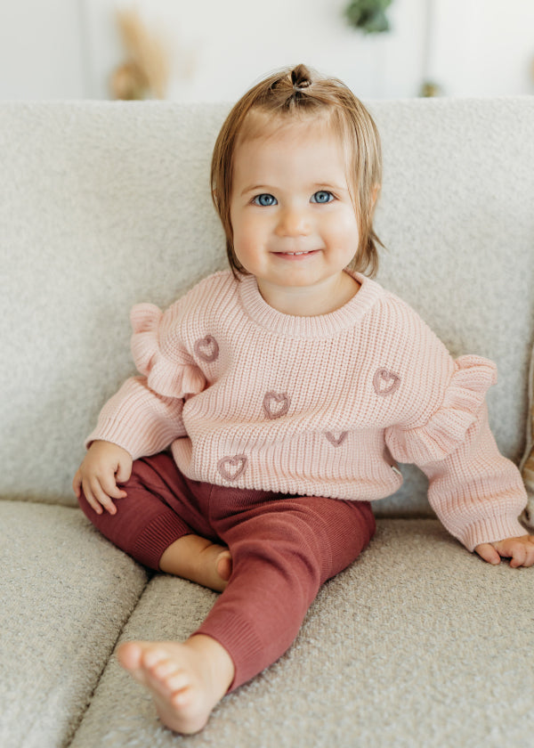 Hearts Embroidered Slouchy Sweater Knit Baby Pullover (Organic Cotton)