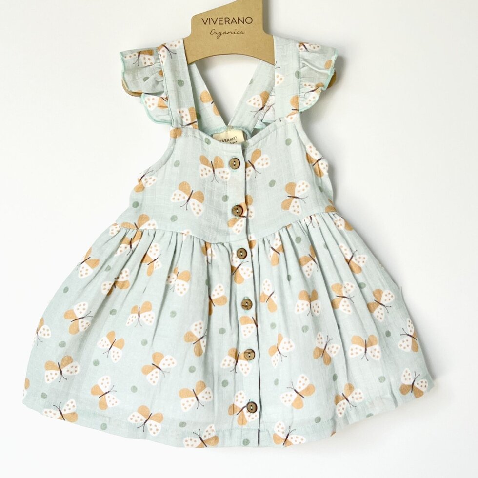 Butterfly Ruffle Button Baby Dress + Bloomer (Organic Muslin)
