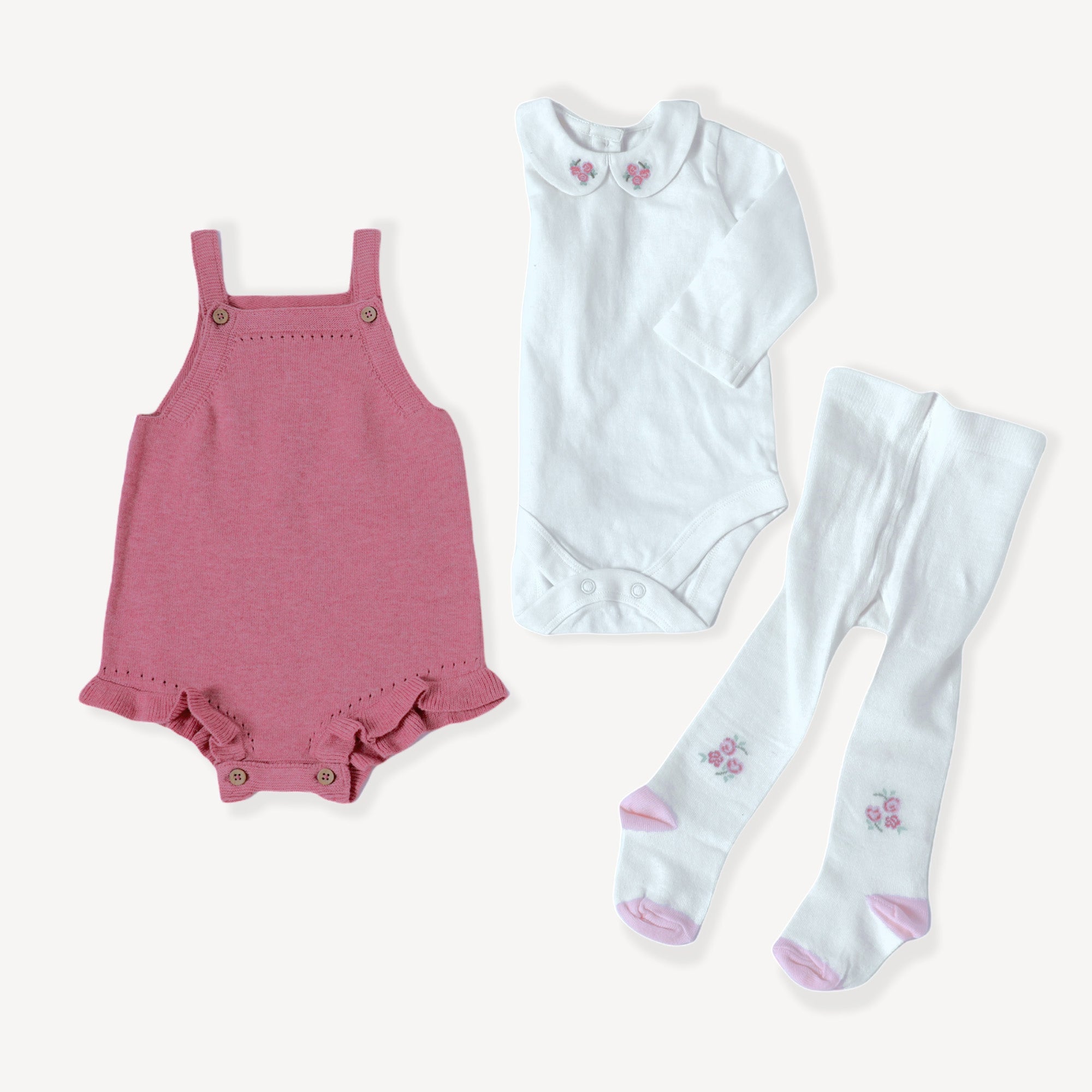 Rose Heather Knit Short Ruffle Romper, Bodysuit & Tights Set (Organic Cotton)