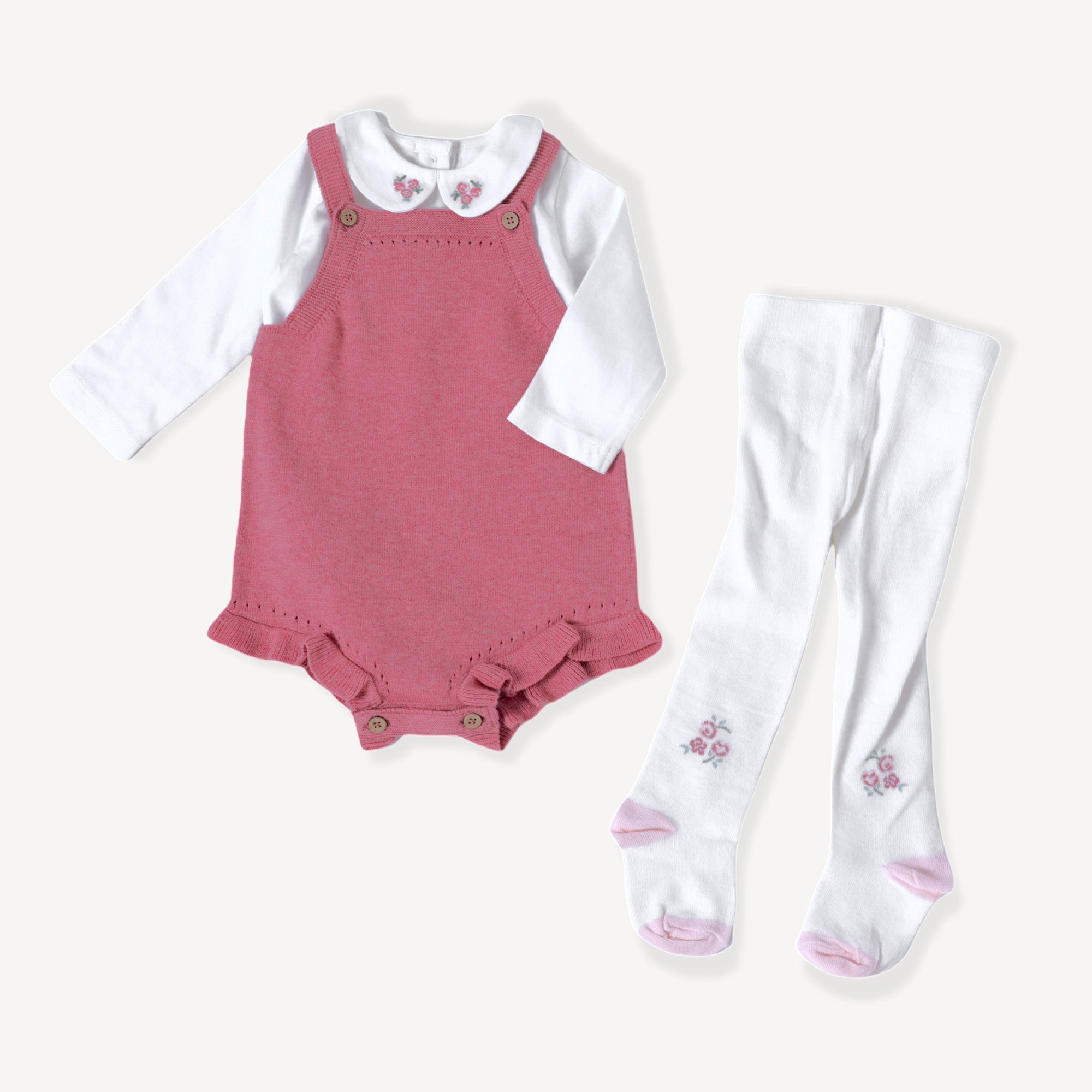 Rose Heather Knit Short Ruffle Romper, Bodysuit & Tights Set (Organic Cotton)