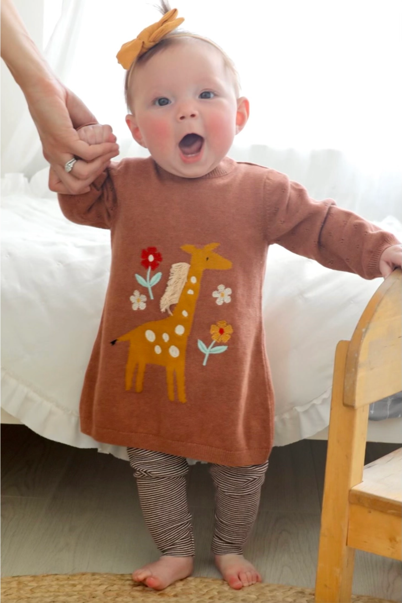 Floral Giraffe Embroidered Sweater knit Baby Dress (Organic)