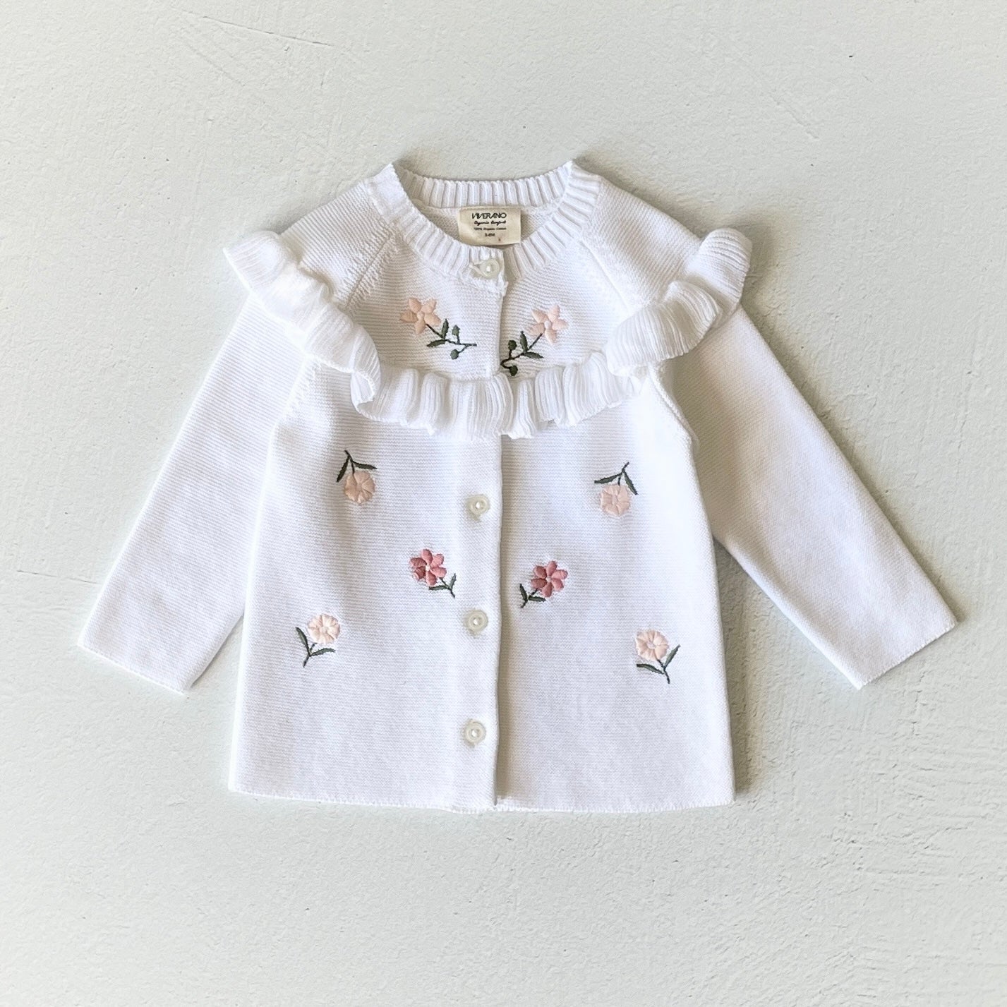 Milan White Floral Embroidered & Ruffle Sweater Knit Baby Girl Cardigan