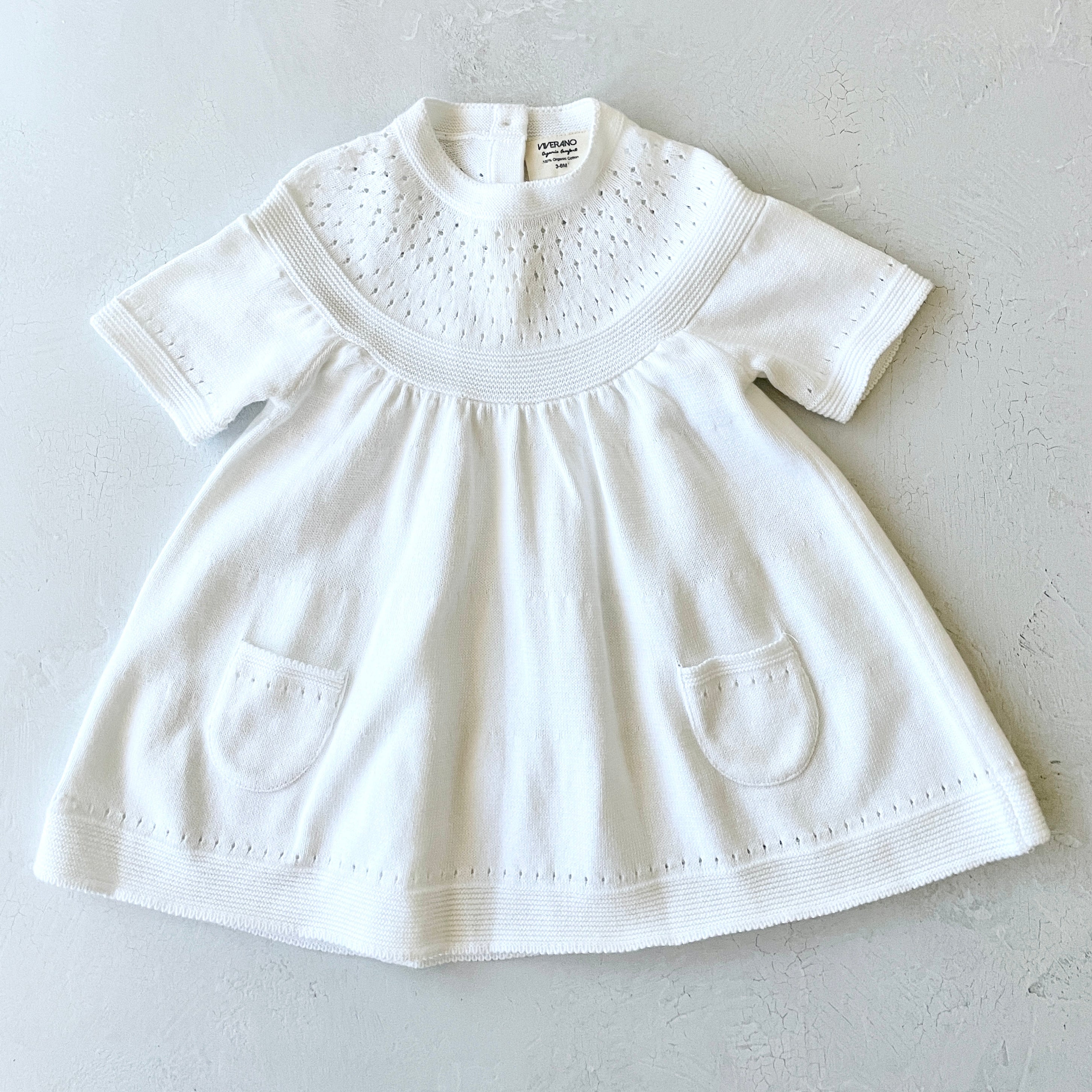 Milan White Pointelle & Pocket Sweater Knit Baby Dress (Organic)