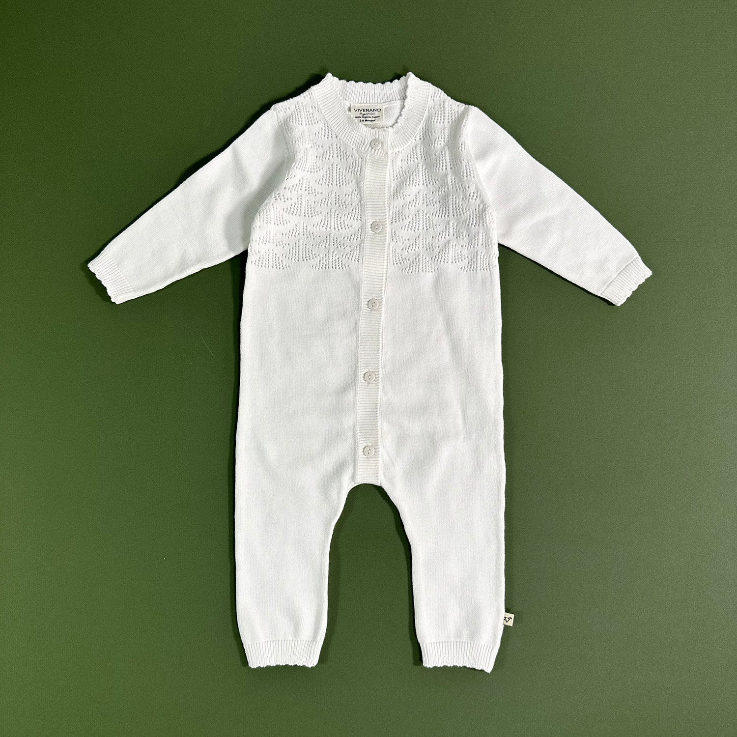 Milan Dove White Pointelle & Button Sweater Knit Jumpsuit (Organic)