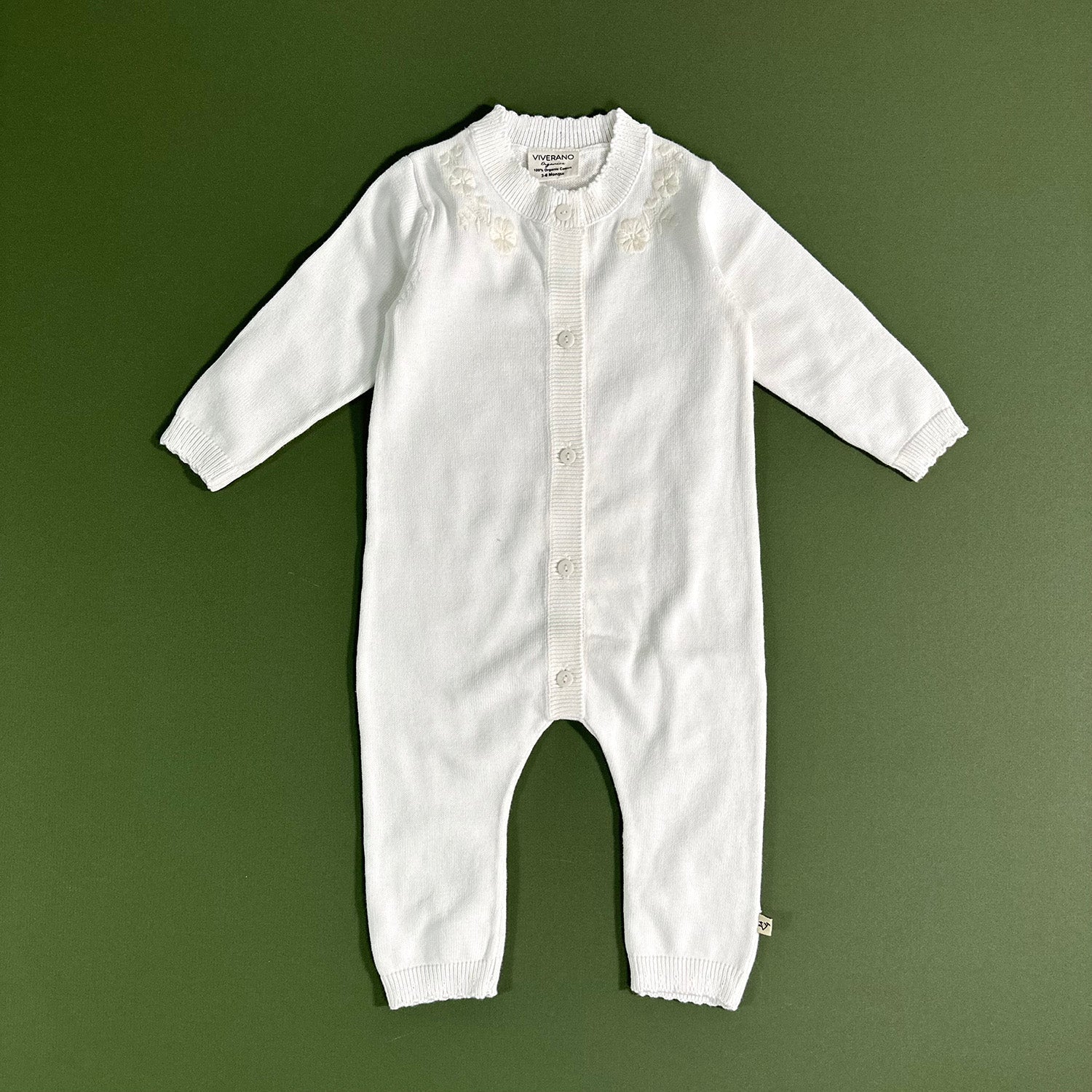 Milan White Embroidered Sweater Knit Baby Jumpsuit (Organic)