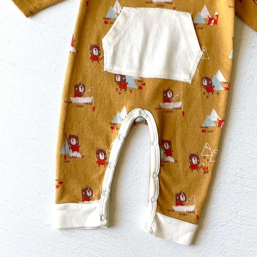 Camping Bear & Fox Kangaroo Jacquard Baby Jumpsuit (Organic)