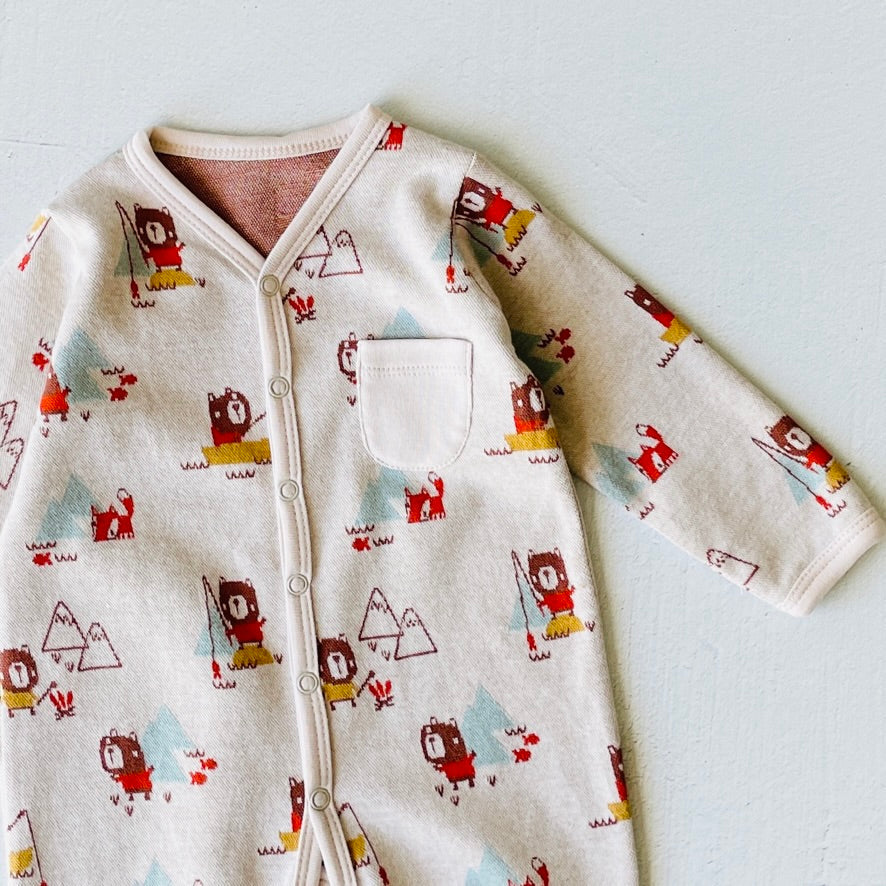 Camping Bear Classic Button Jacquard Baby Jumpsuit (Organic Cotton)