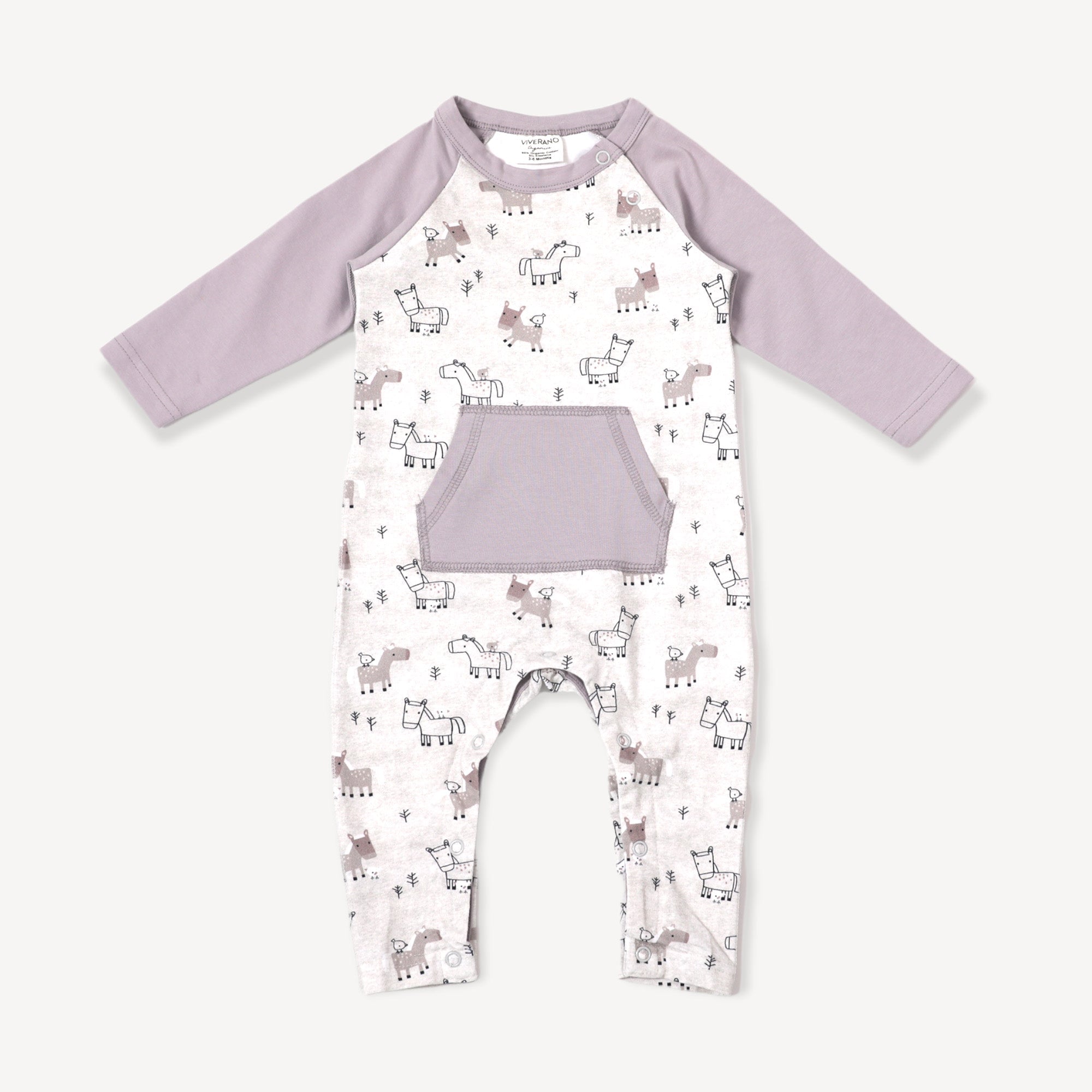 Horse & Bird Kangaroo Pocket Baby Jumpsuit (Organic Cotton)
