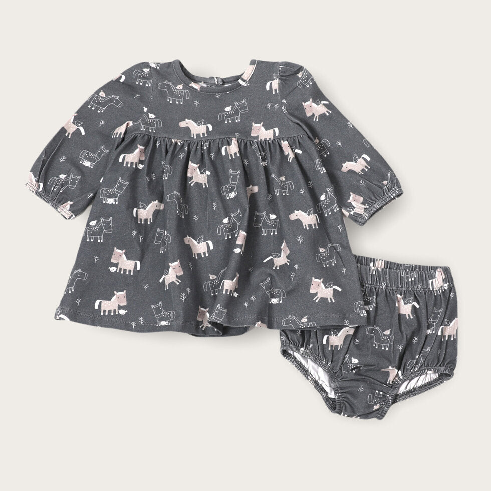 Horse & Bird Baby Flare Dress+ Bloomer Set (Organic Cotton)