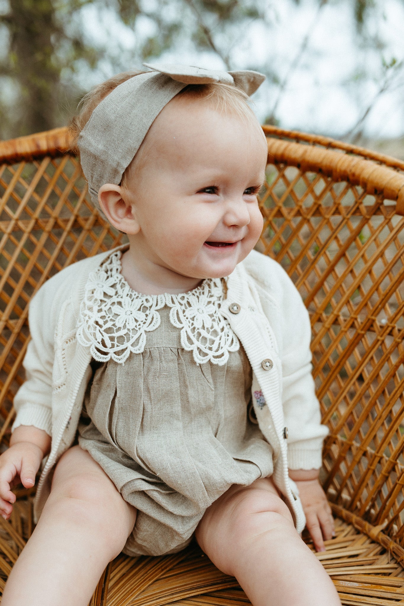 Alba Embroidered Collar Linen Baby Romper (Natural Linen)