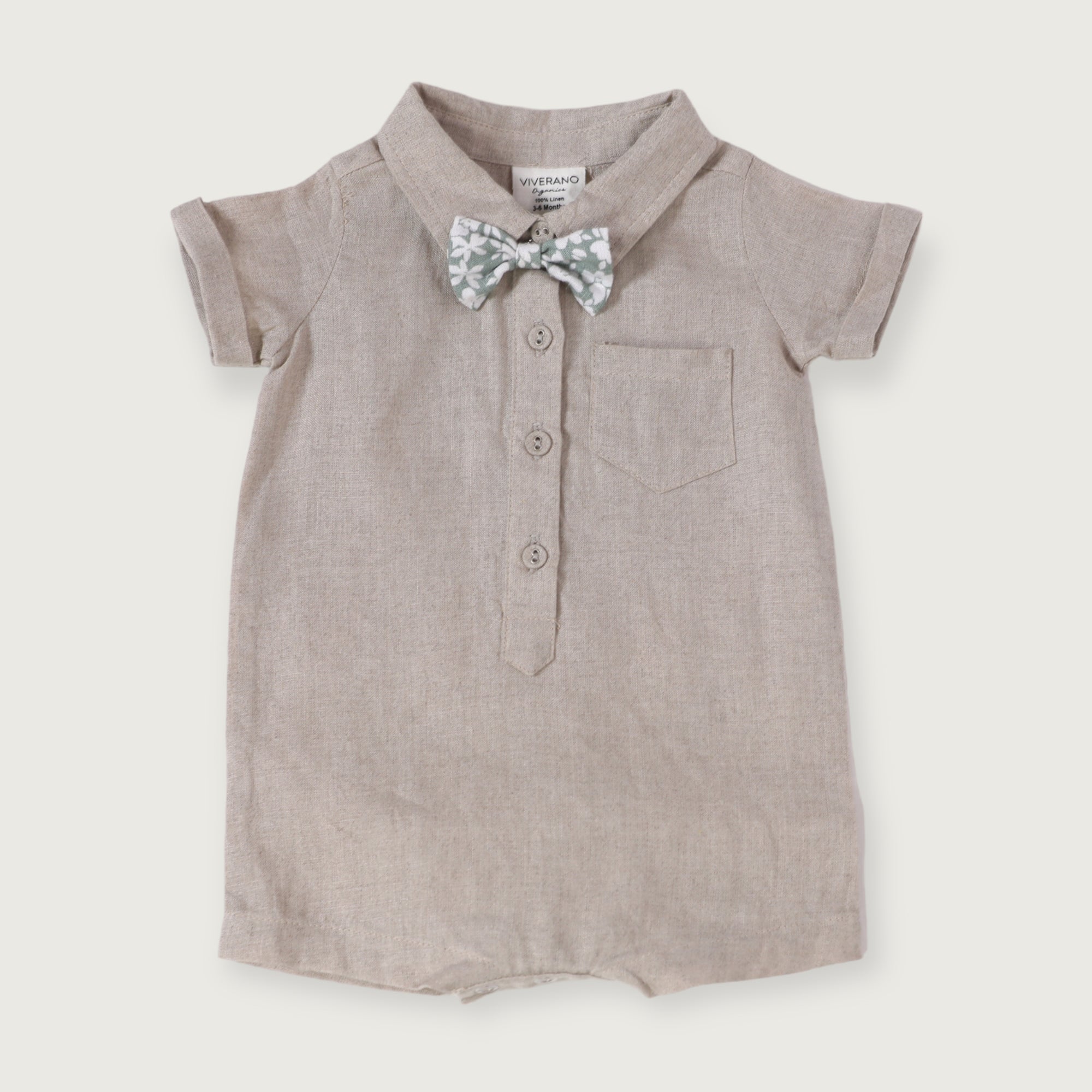 Noah Bowtie Linen Baby Romper (Natural Linen)