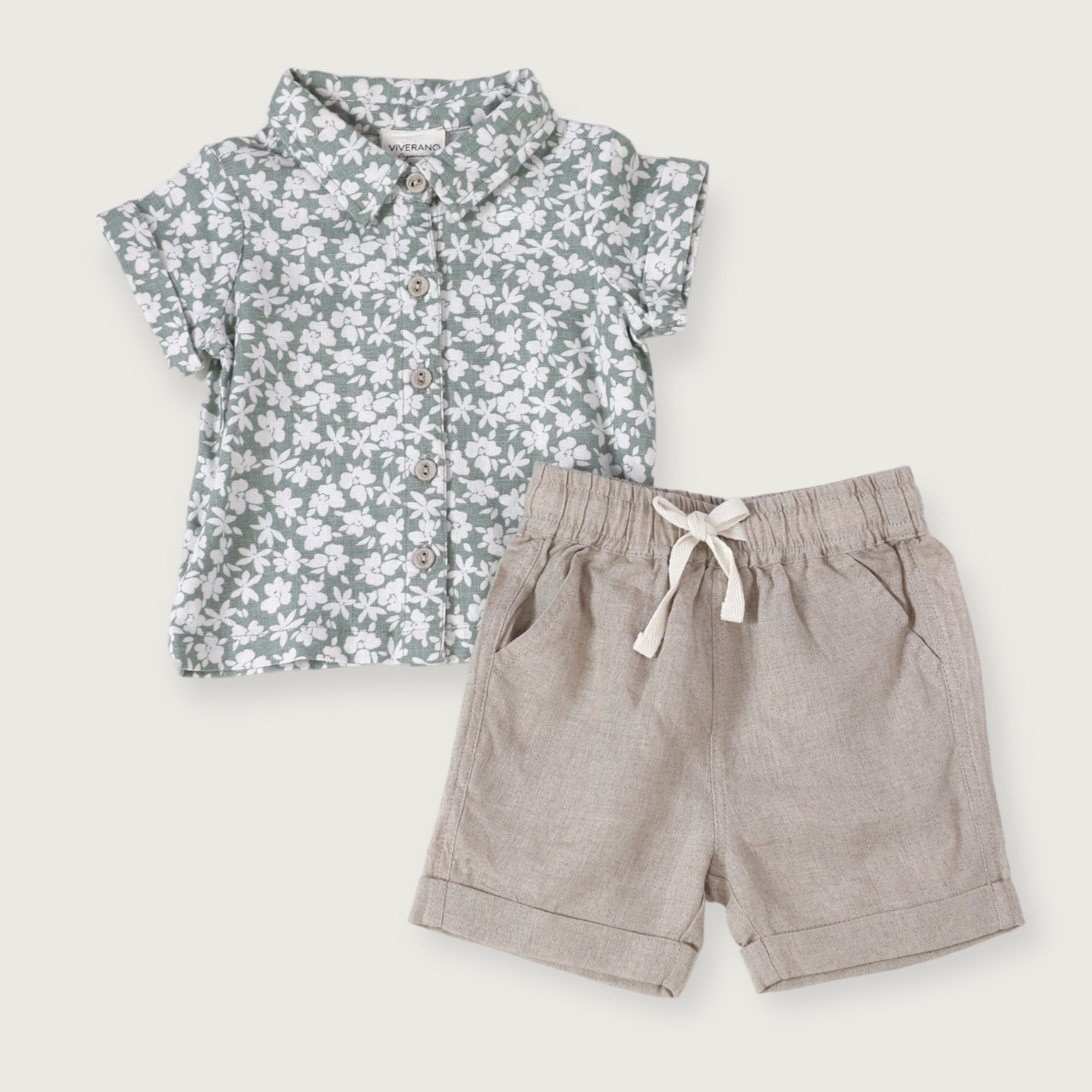 Gabriel Baby Floral Linen Shirt & Shorts 2 pc Set (Natural Linen)