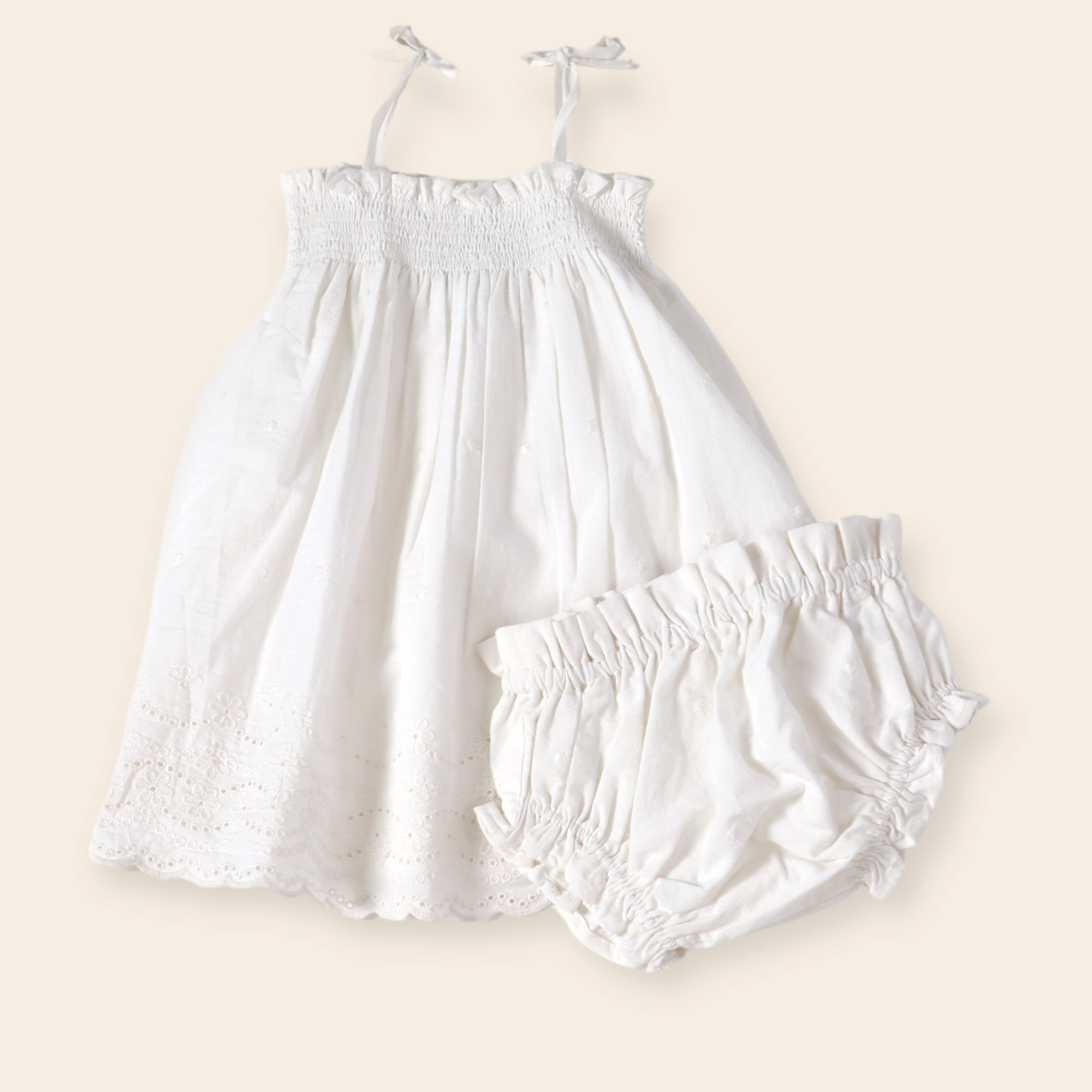 Camille White Schiffli Smocked Shoulder Tie Baby Dress + Bloomer (Organic Cotton)