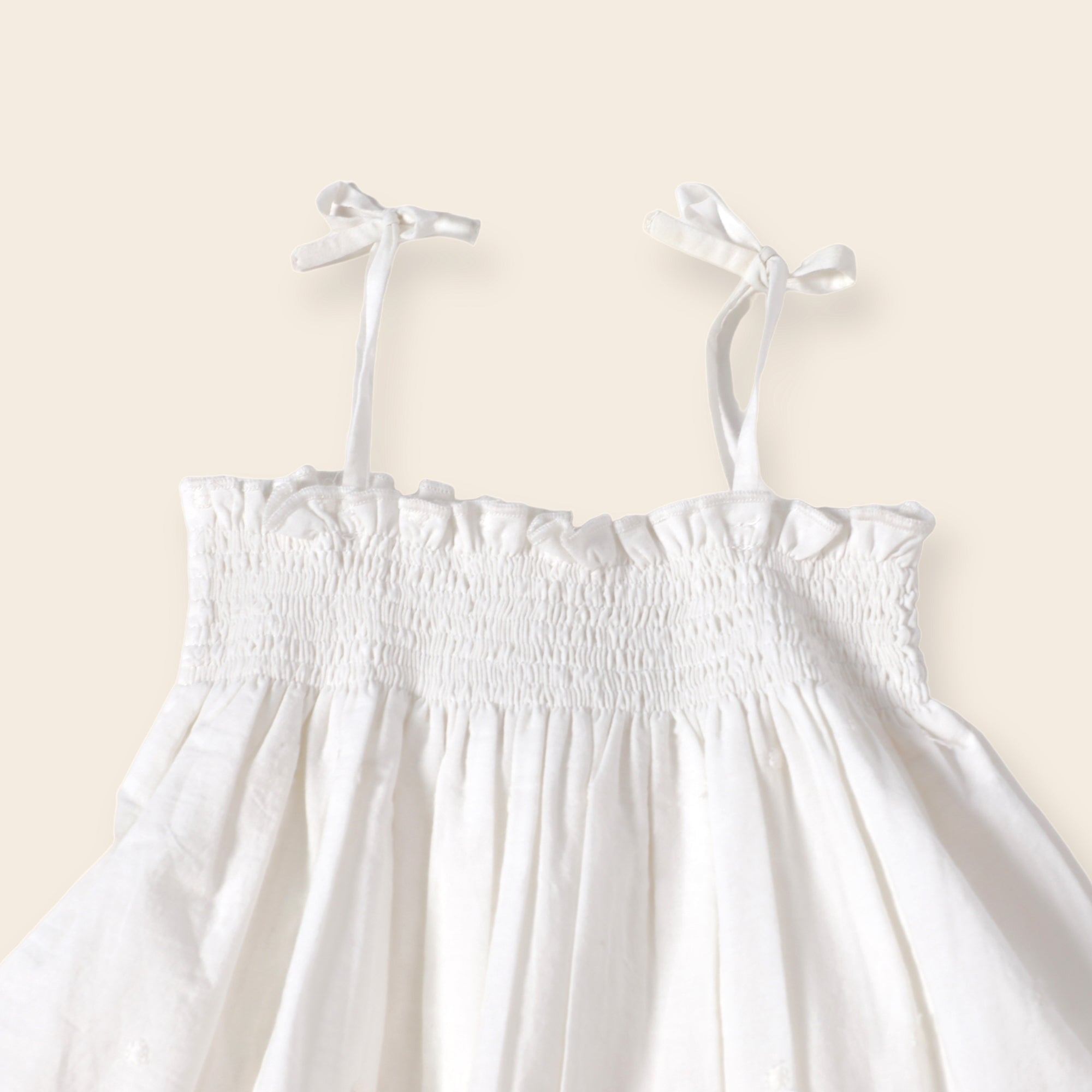 Camille White Schiffli Smocked Shoulder Tie Baby Dress + Bloomer (Organic Cotton)