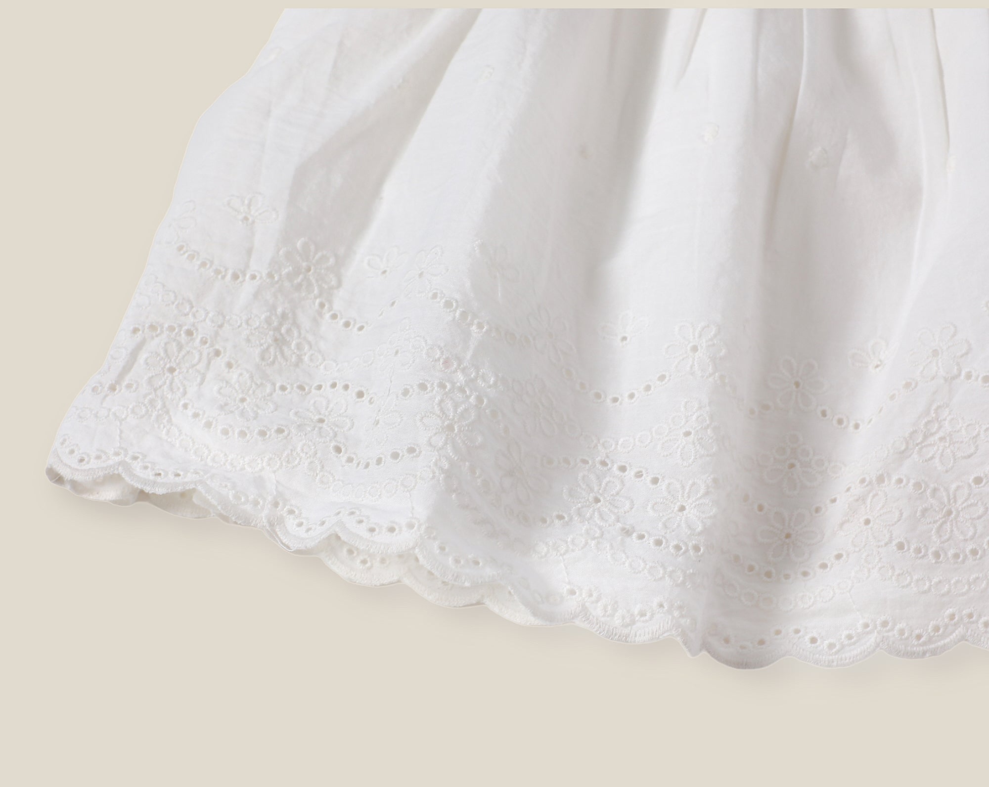 Camille White Schiffli Smocked Shoulder Tie Baby Dress + Bloomer (Organic Cotton)