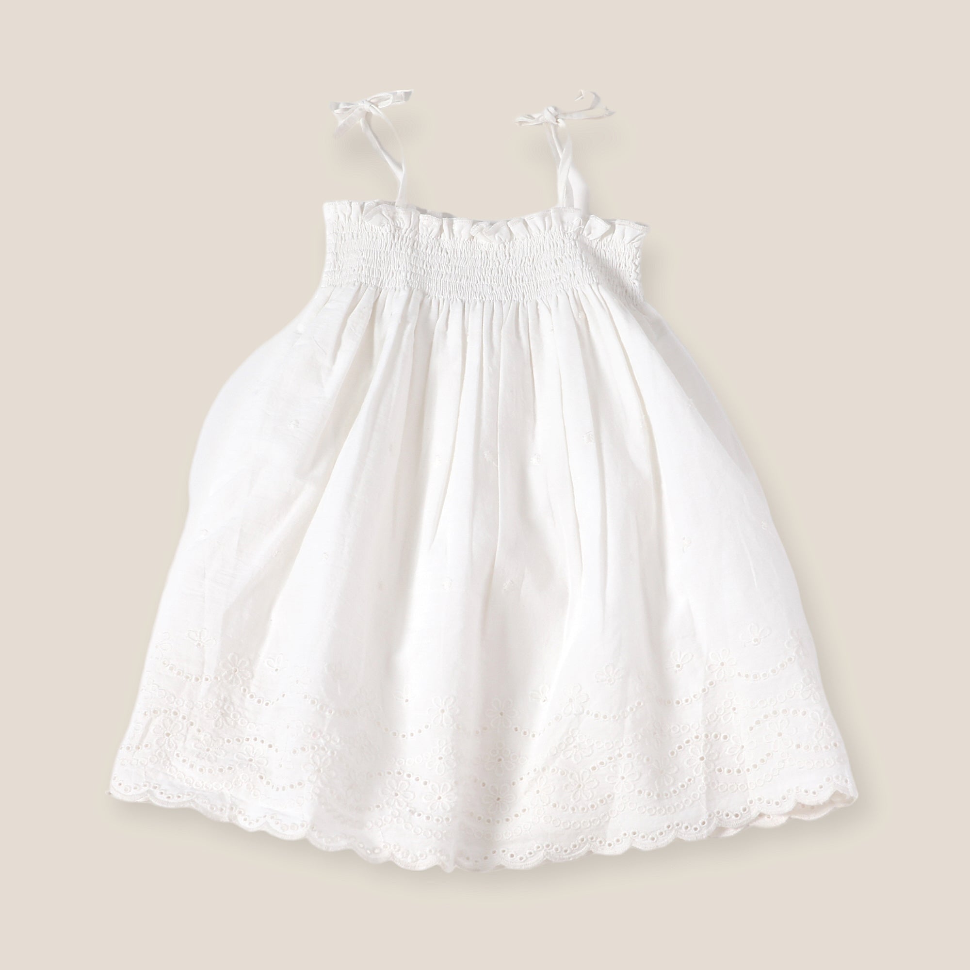 Camille White Schiffli Smocked Shoulder Tie Baby Dress + Bloomer (Organic Cotton)