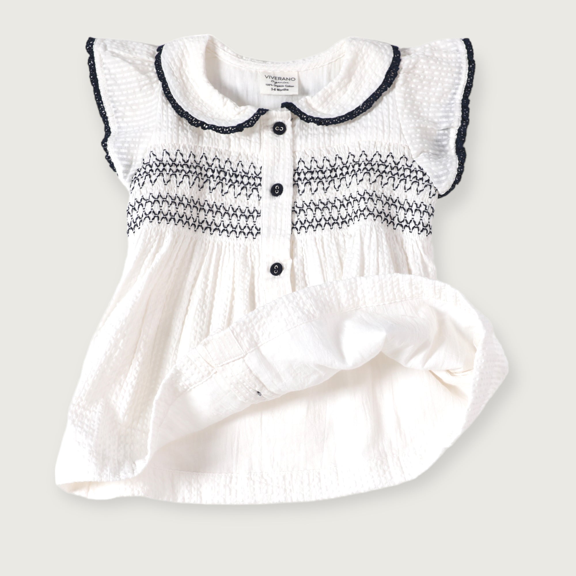 Celine White Seersucker Smocked Baby Dress + Bloomer (Organic Cotton)