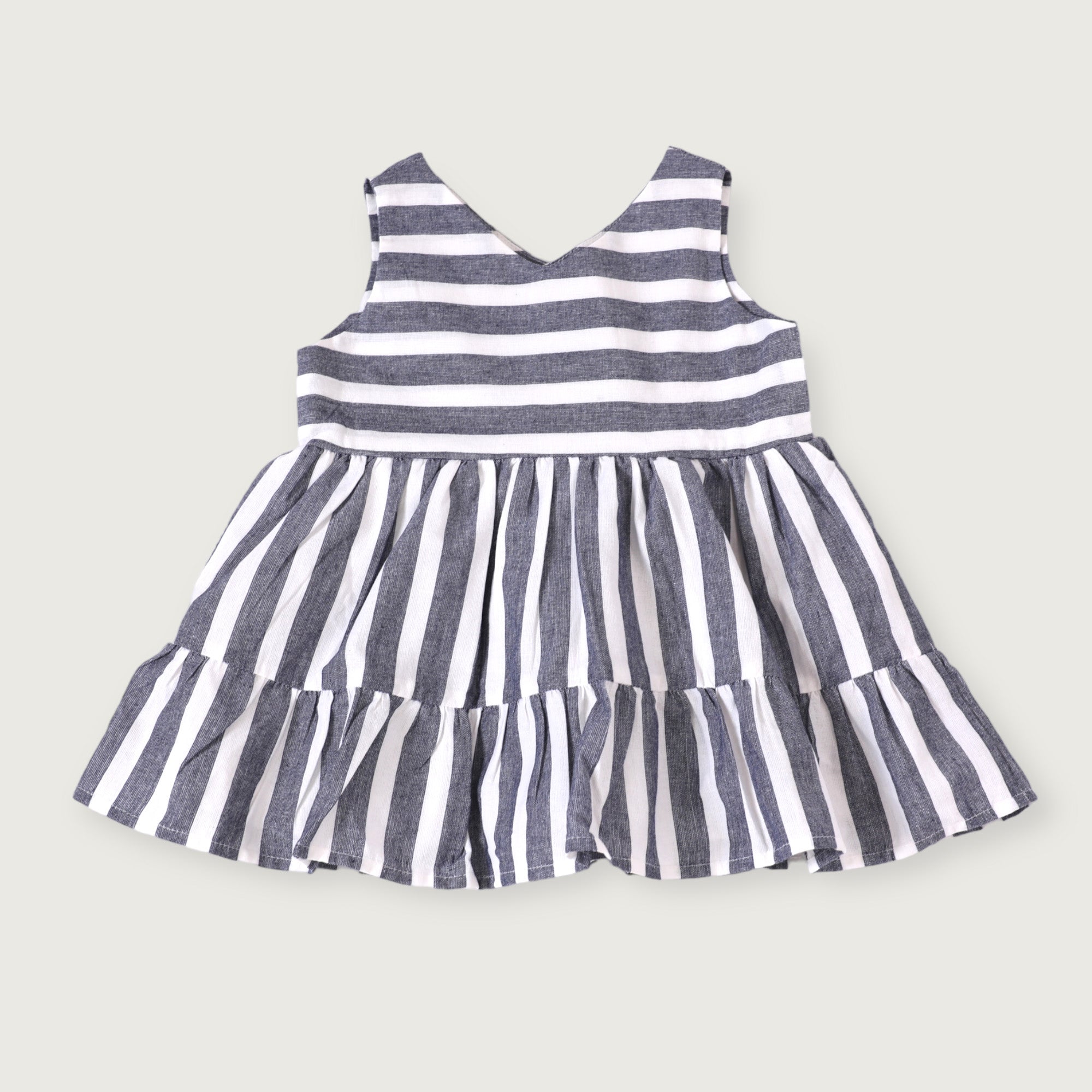 Lina Blue Stripe 2 Tier Sleeveless Baby Dress + Bloomer (Organic Cotton)