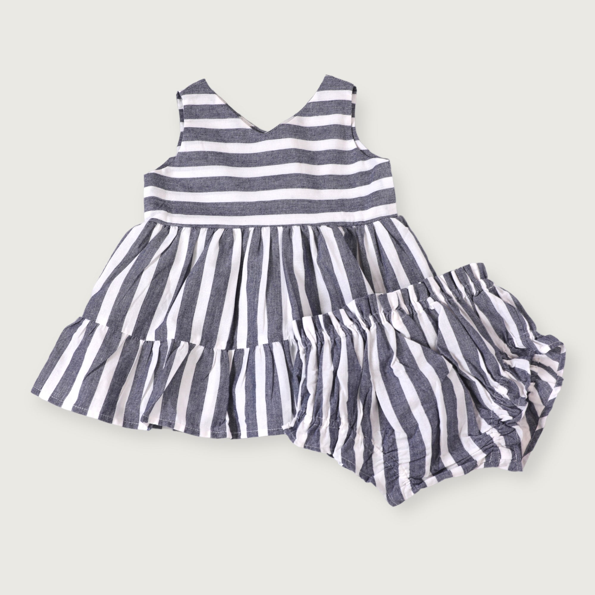 Lina Blue Stripe 2 Tier Sleeveless Baby Dress + Bloomer (Organic Cotton)