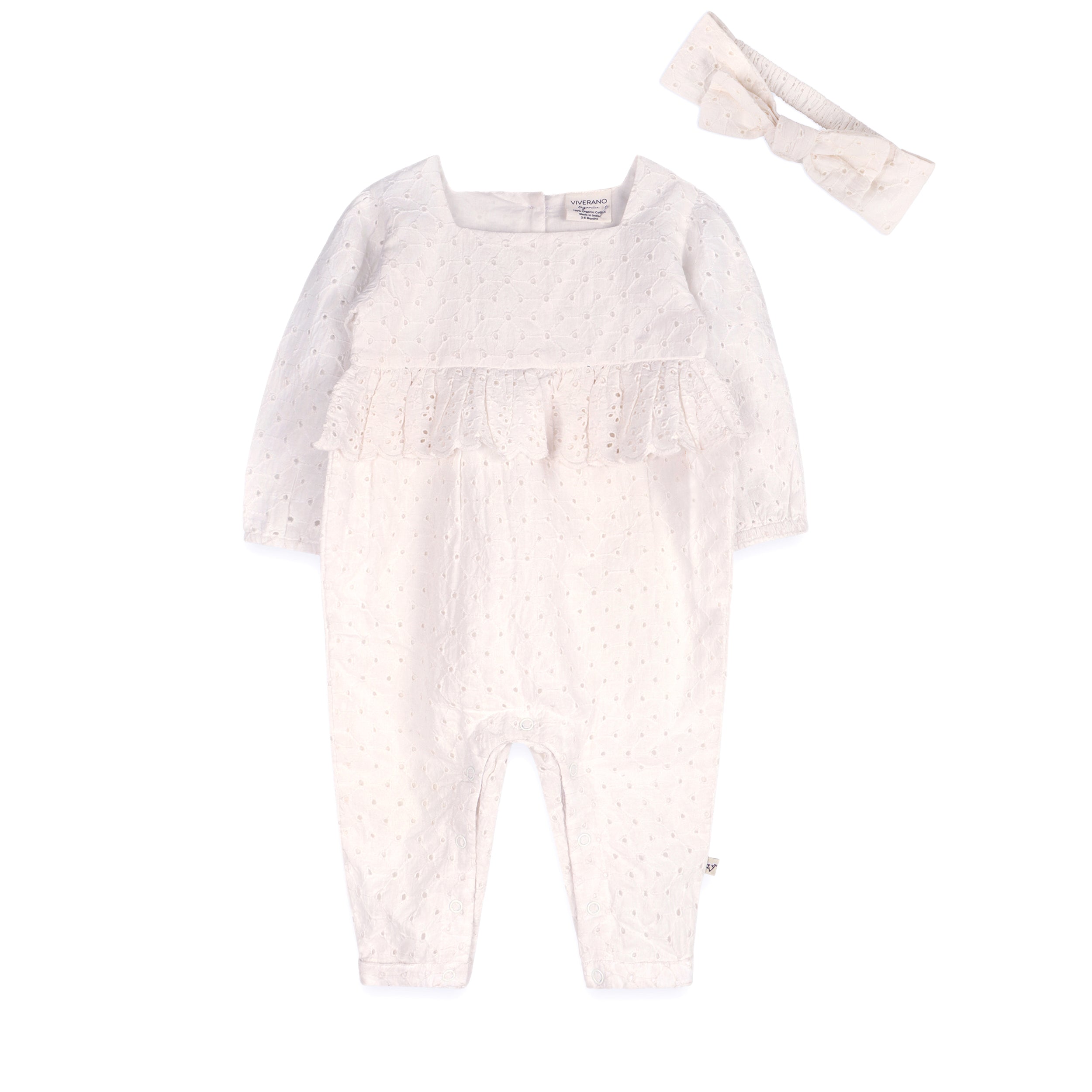 Astrid Schiffli Baby Jumpsuit & Headband Set (Organic Cotton)