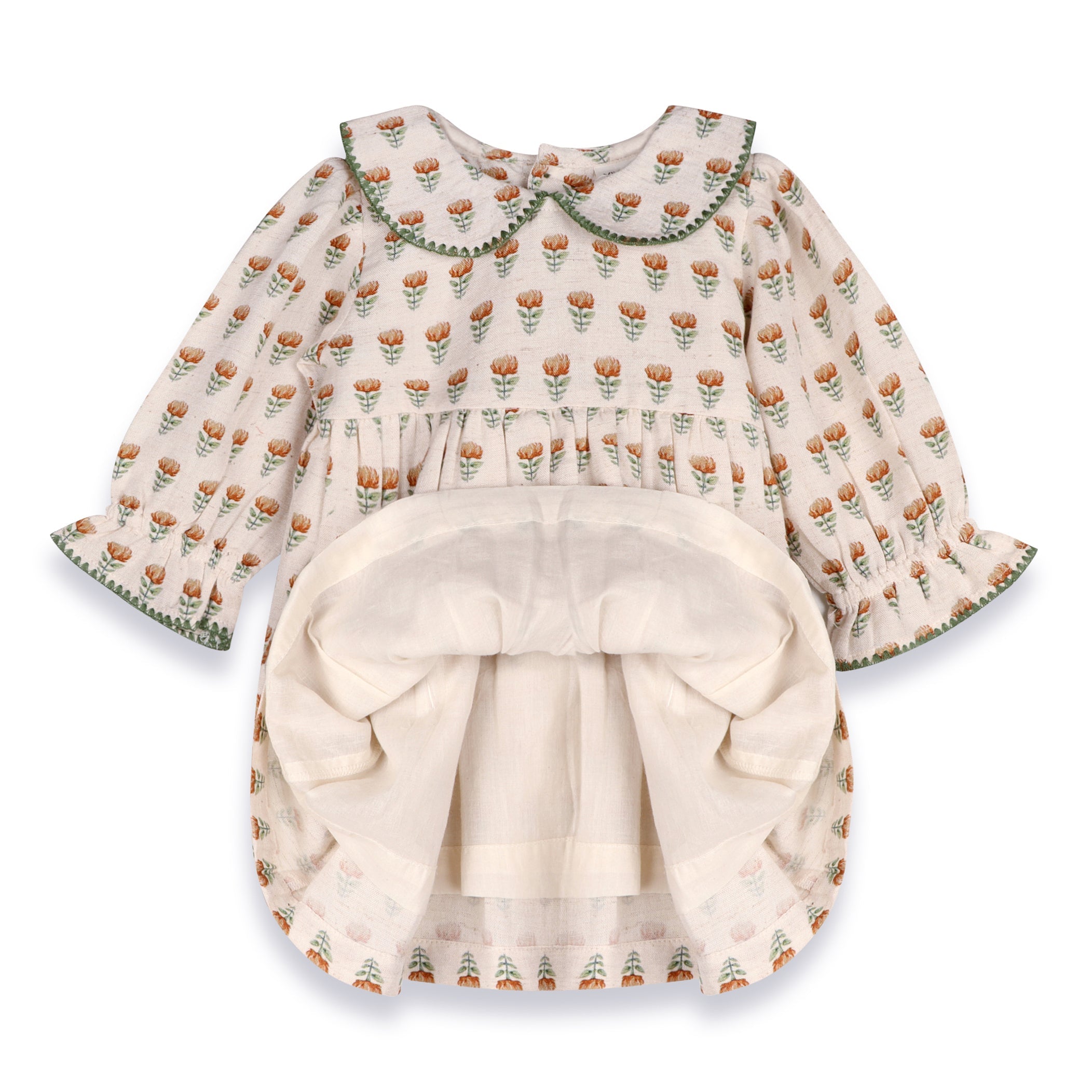 Ina Block Print Floral Baby Dress & Bloomer Set (Linen Blend)