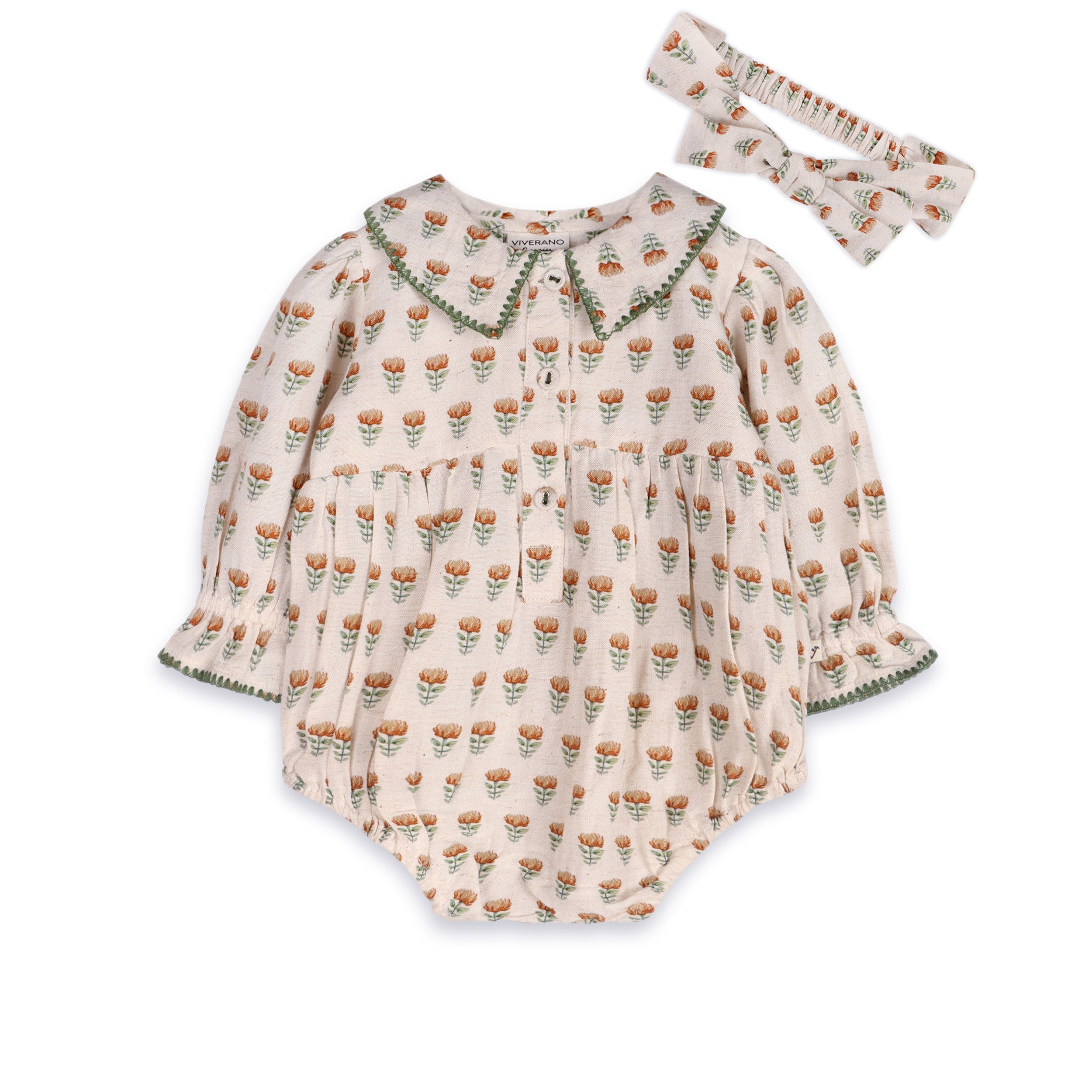 Nira Block Print Floral Baby Romper & Headband Set (Linen Blend)