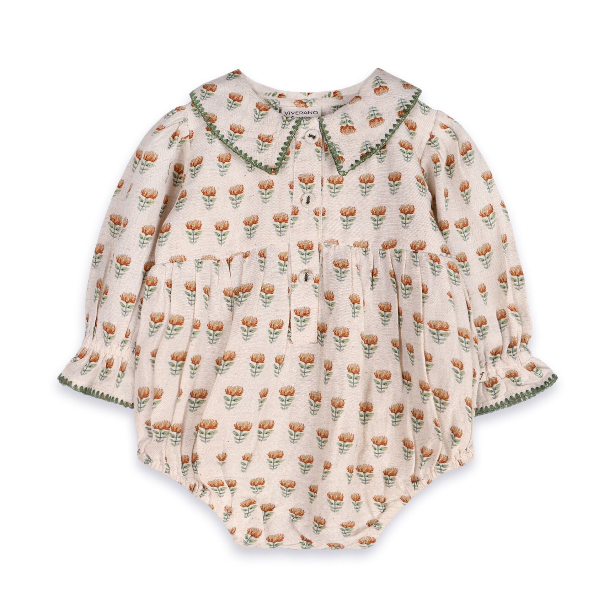 Nira Block Print Floral Baby Romper & Headband Set (Linen Blend)