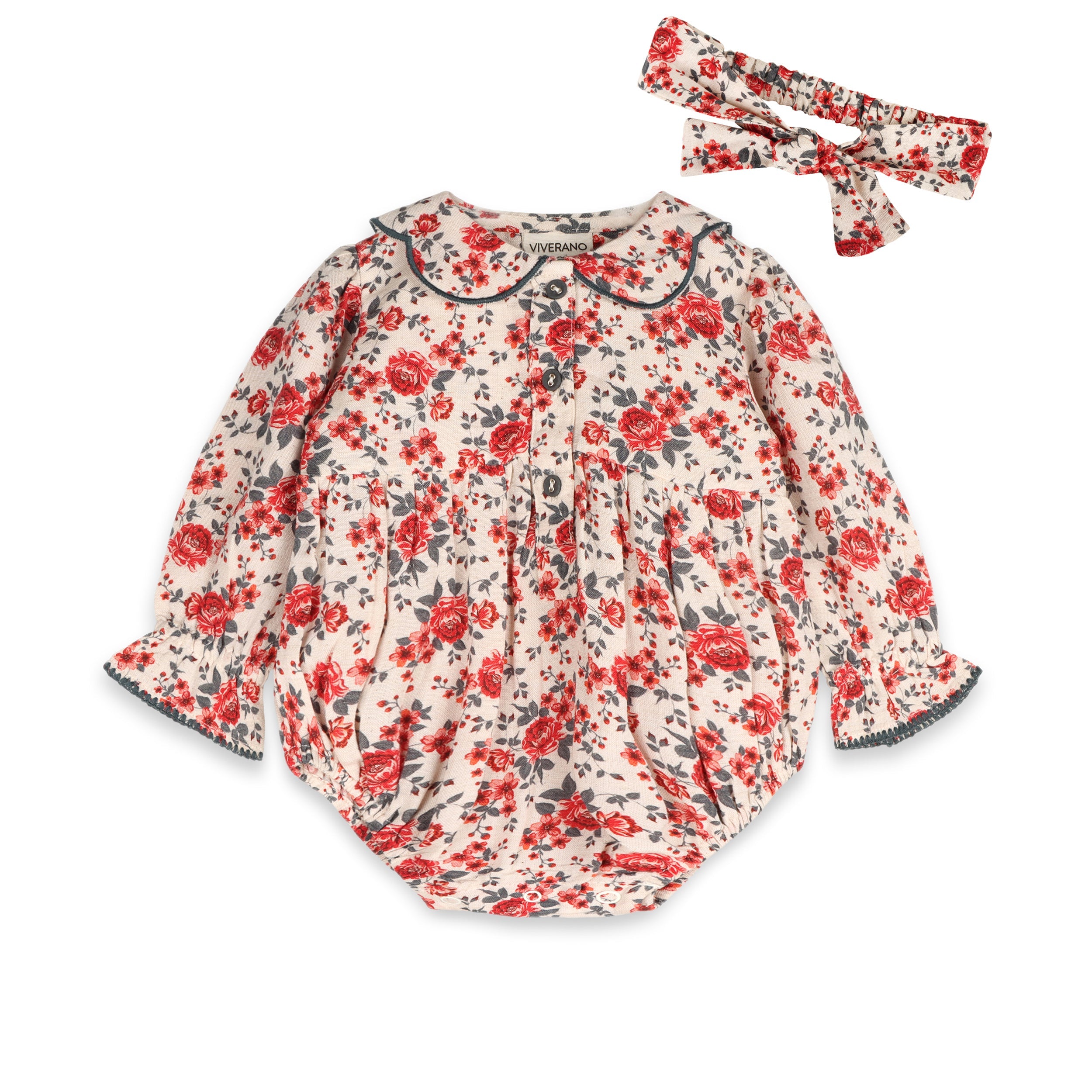 Rosabelle Rose Floral Baby Romper & Headband Set (Linen Blend)